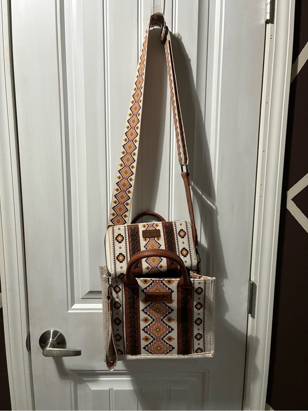 Wrangler Embroidered Crossbody Tote in Cream and Brown with matching wallet